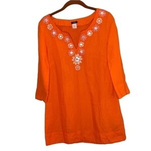 J. Crew Linen 3/4 Sleeve Tunic Embroidered Flowers and Sequins Sz 2 orange